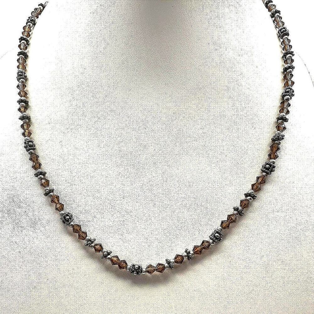 Vintage 90s Brown Beaded Necklace Silver Tone Boho Women's Classic Jewelry Boho